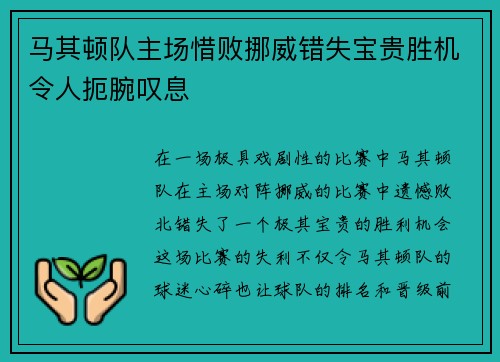 马其顿队主场惜败挪威错失宝贵胜机令人扼腕叹息