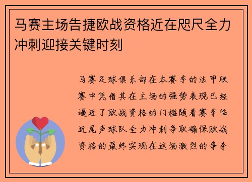 马赛主场告捷欧战资格近在咫尺全力冲刺迎接关键时刻